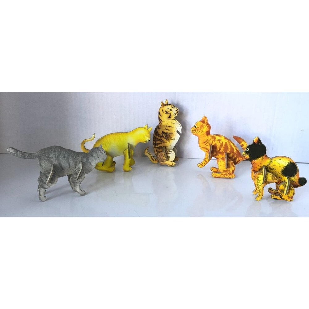 Vintage Cardboard Cat Figurines Set Of 5 Mid-Century Style 3D Puzzle Design